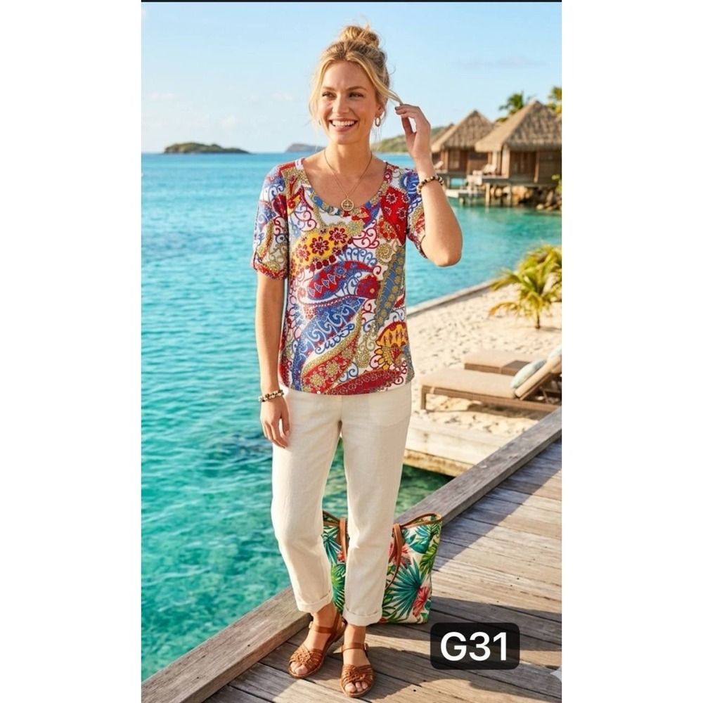 Talbots Woman Petites 1XP Paisley Print Scoop Neck Top Button Sleeve Dopamine